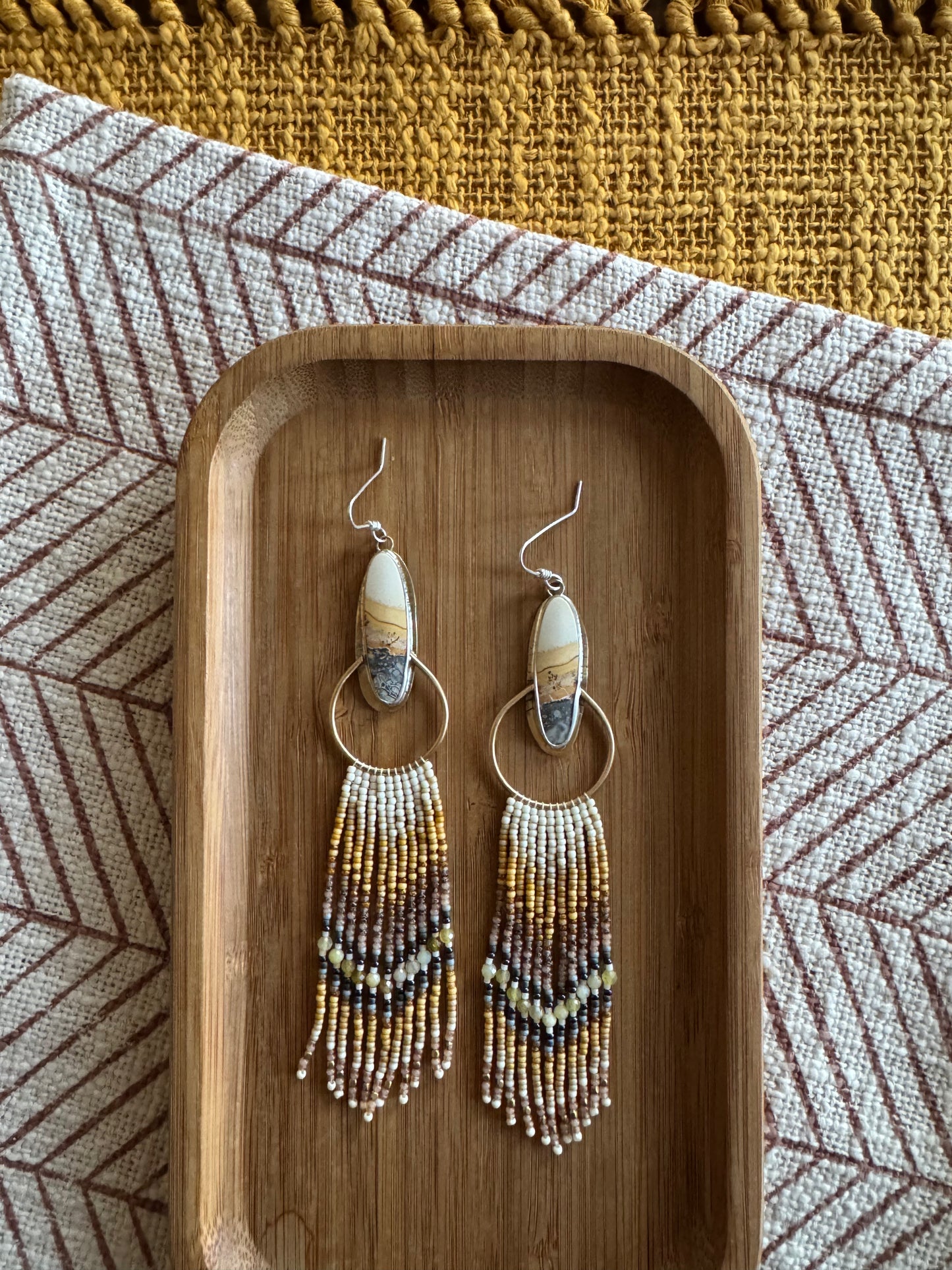 Desert Horizon Hoop Earrings | Maligano Jasper + Cream Beaded Fringe