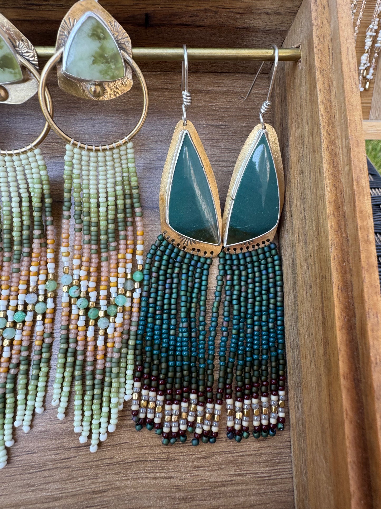 Deep Pine Triangle Earrings | Jasper Gemstones + Onyx Beaded Fringe