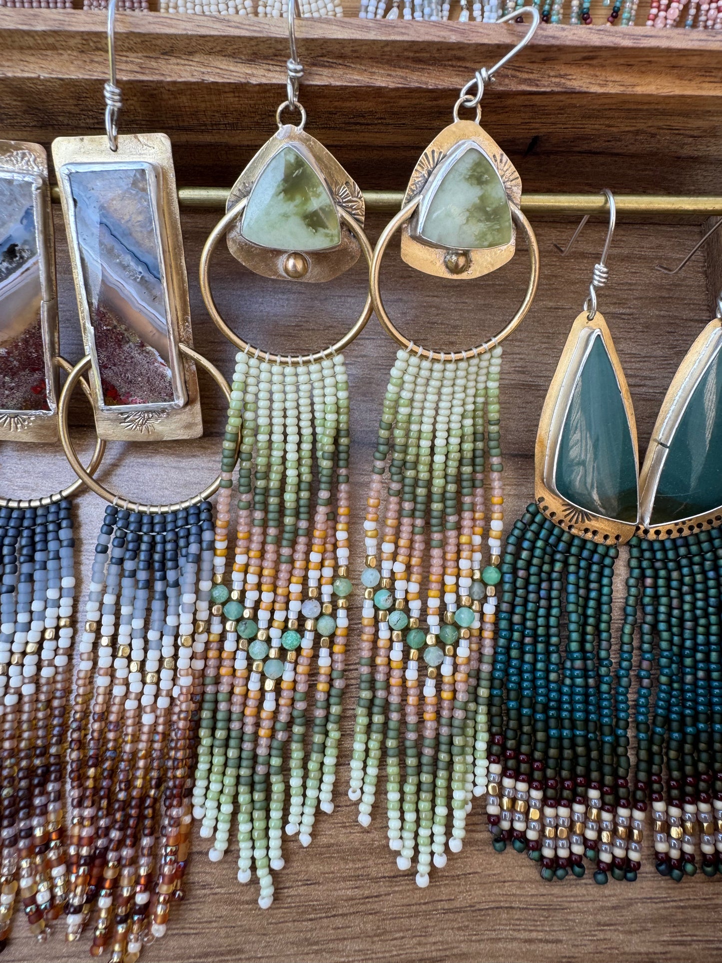 Sage Meadow Triangle Earrings | Vesuvianite Gemstones + Mint Beaded Fringe