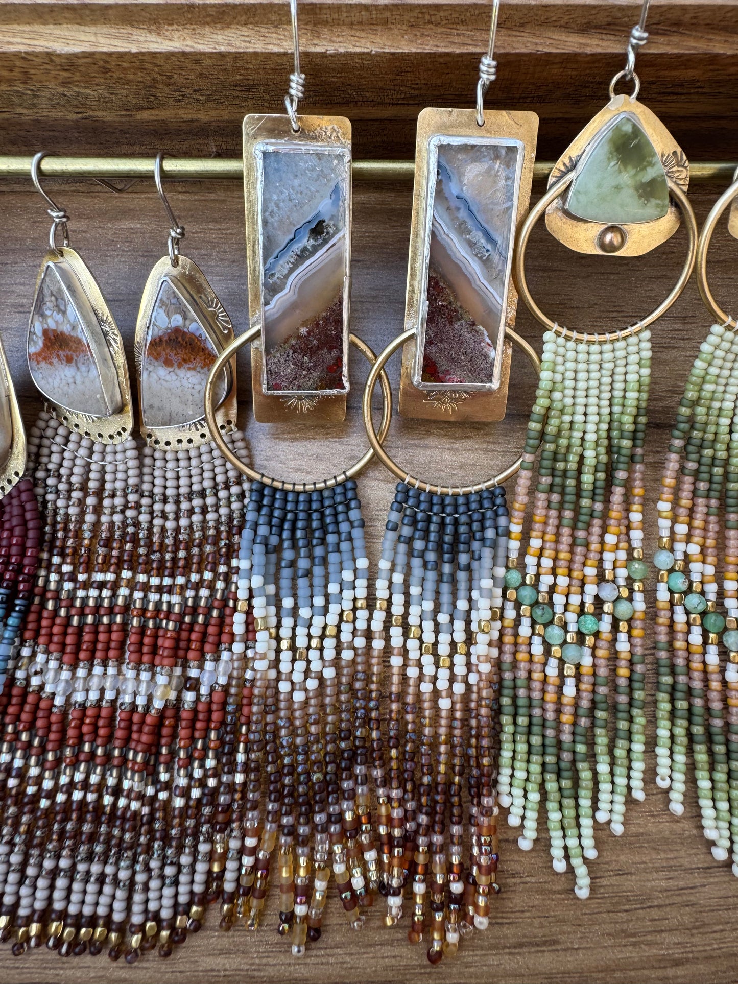 Slate Bar Hoop Earrings | Druzy Agate Gemstones + Denim Beaded Fringe