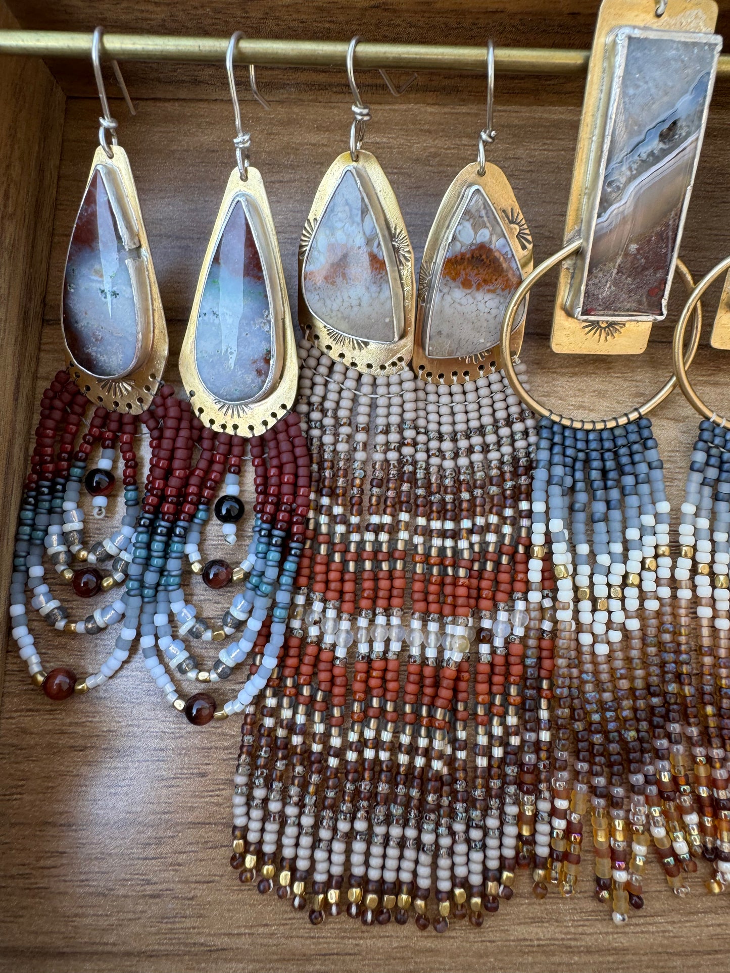 Painted Desert Triangle Earrings | Banded Agate Gemstones + Montana Agate Beaded Fringe