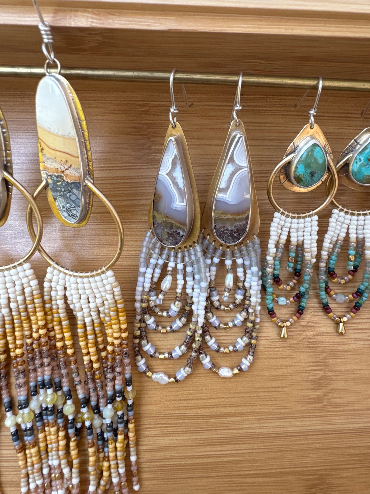 Frosted Druzy Teardrop Earrings | Moss Agate + Silver Beaded Dangles