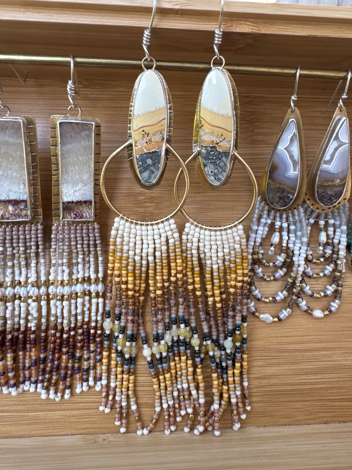 Desert Horizon Hoop Earrings | Maligano Jasper + Cream Beaded Fringe