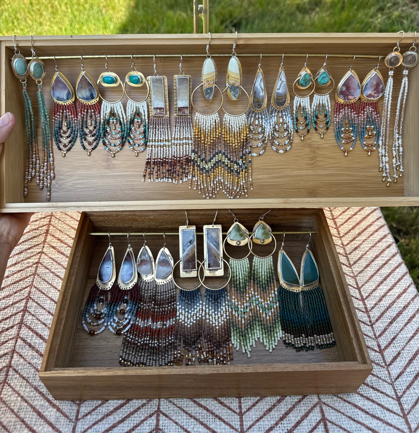 Deep Pine Triangle Earrings | Jasper Gemstones + Onyx Beaded Fringe
