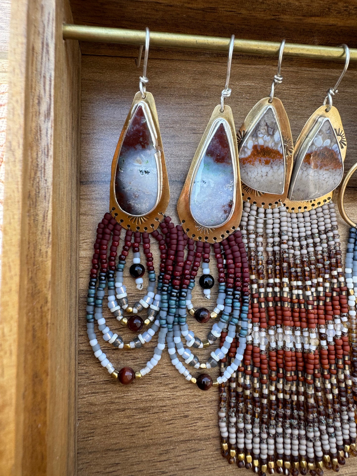 Twilight Teardrop Earrings | Agate Gemstones + Red Tiger Eye Gemstone Beaded Fringe