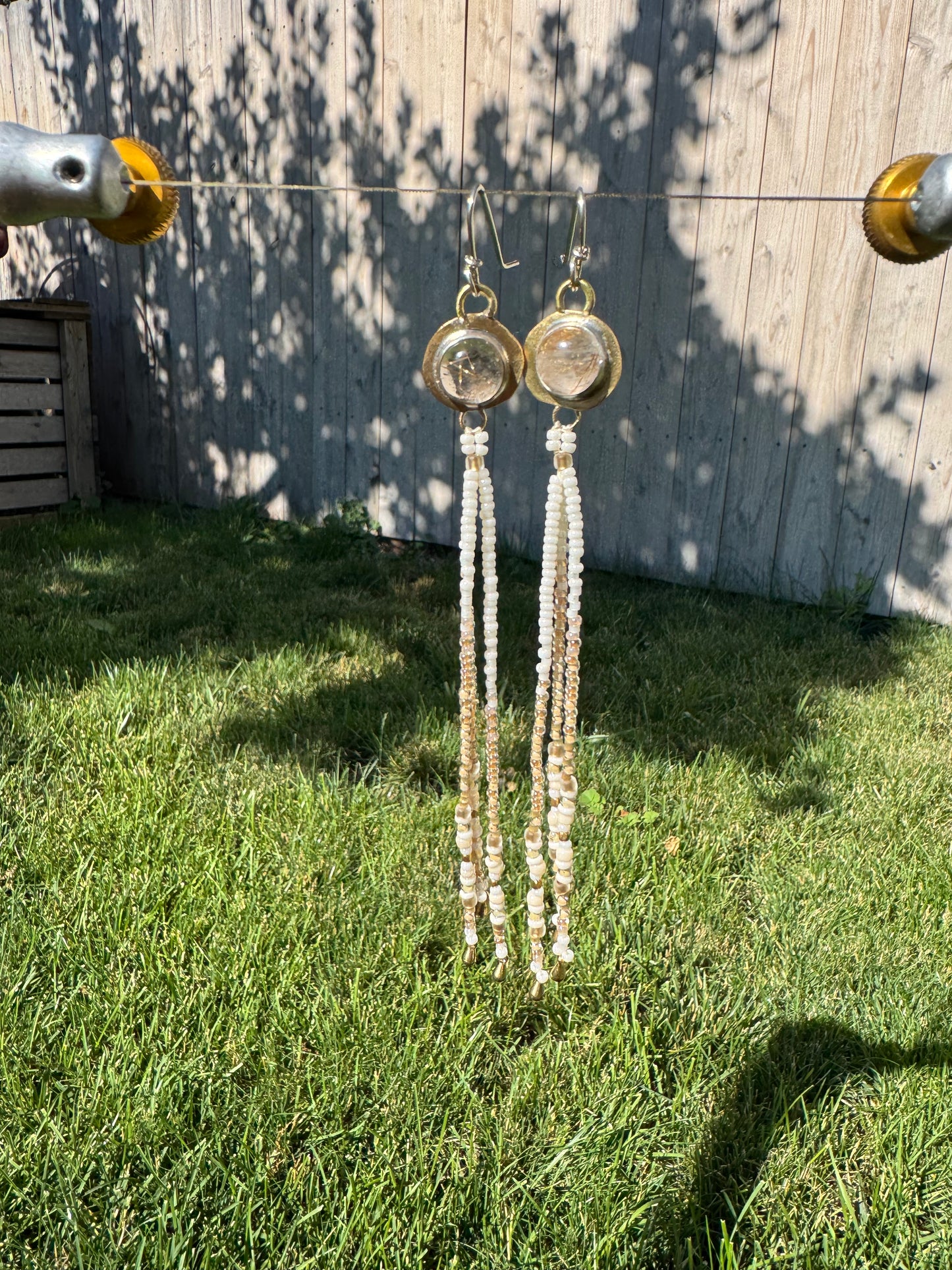 Moonlit Agate Fringe Earrings | Rutilated Quartz Gemstones + Ivory Beaded Fringe